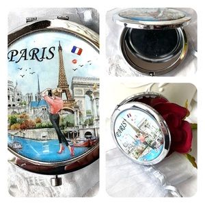 Mirror Mirror in my Purse retro designs Romantic Paris silver tone snaps shut